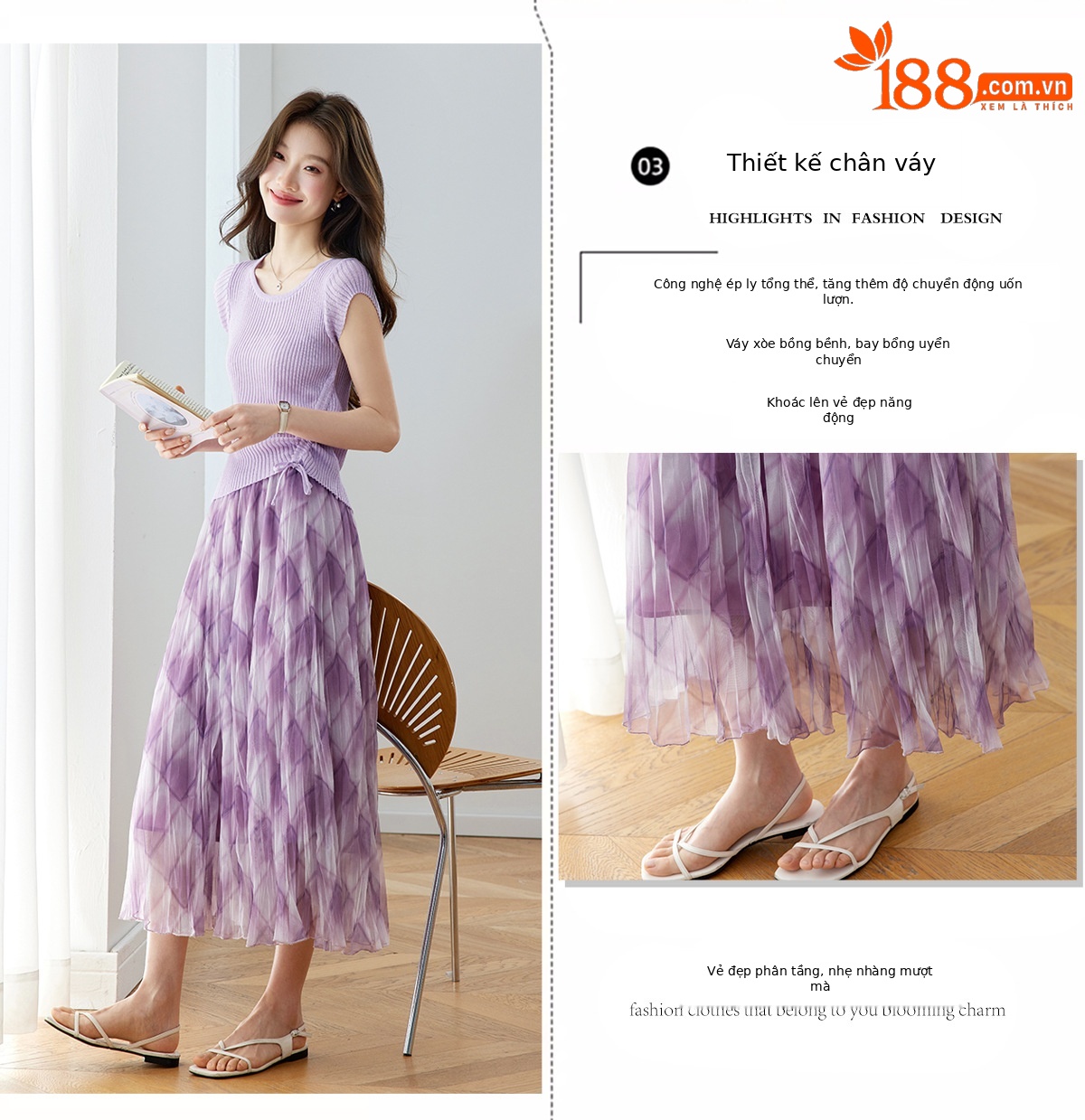 Bộ áo thun kẻ sọc phối chân váy midi hai mảnh nữ tính — màu tím chi tiết 6