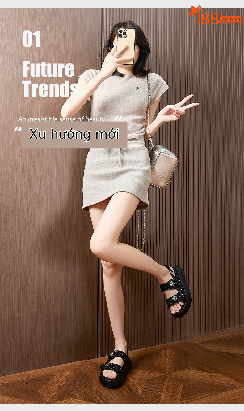 Sandal nữ quai chữ V đế dày chống trượt phong cách thành thị — Đen, Bạc chi tiết 2