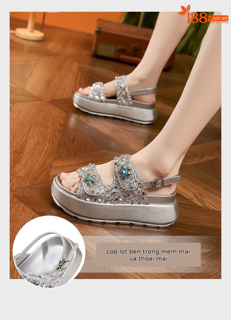 Sandal nữ quai chữ V đế dày chống trượt phong cách thành thị — Đen, Bạc chi tiết 5