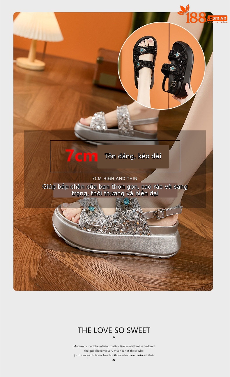 Sandal nữ quai chữ V đế dày chống trượt phong cách thành thị — Đen, Bạc chi tiết 9