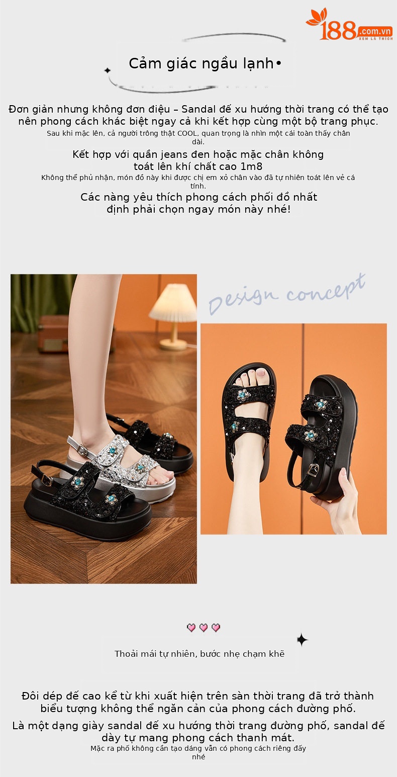 Sandal nữ quai chữ V đế dày chống trượt phong cách thành thị — Đen, Bạc chi tiết 4