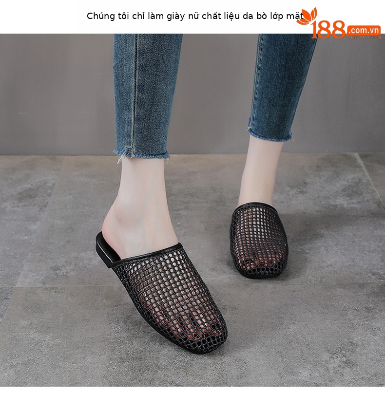 Dép mule nữ quai ngang hở mũi đế bệt, kiểu dáng thoáng khí — màu đen chi tiết 2