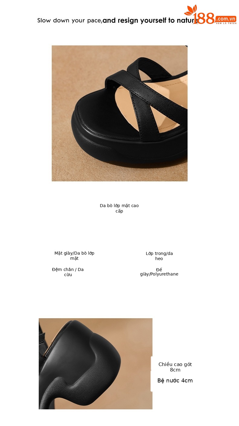 Sandal cao gót nữ hở mũi đế xuồng da bò, quai ngang đi làm — đen chi tiết 4