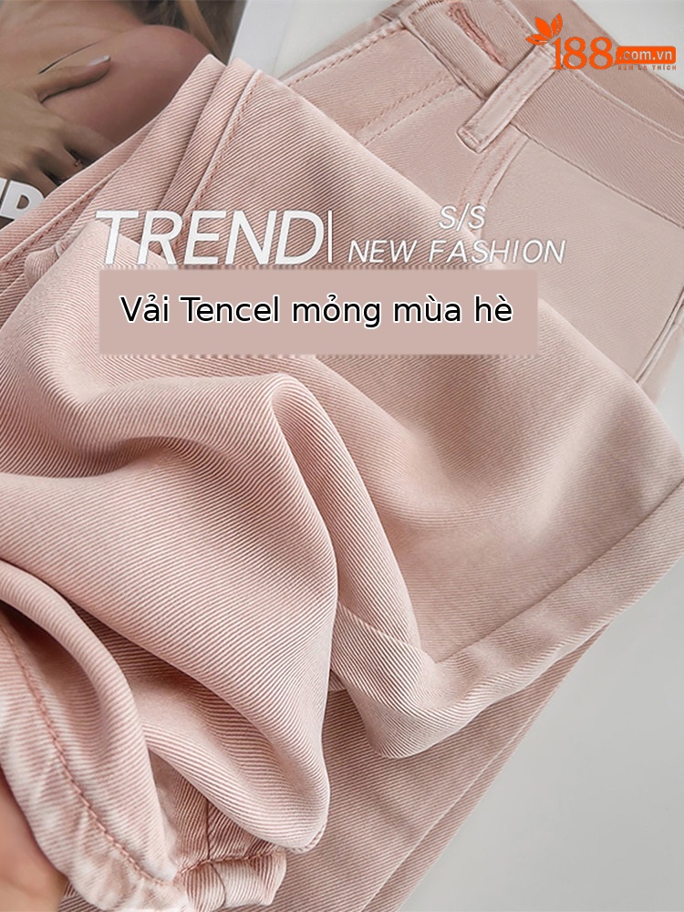 Quần jeans nữ ống rộng cạp cao chất liệu tơ tằm mùa hè nhẹ nhàng — Hồng kéo dài