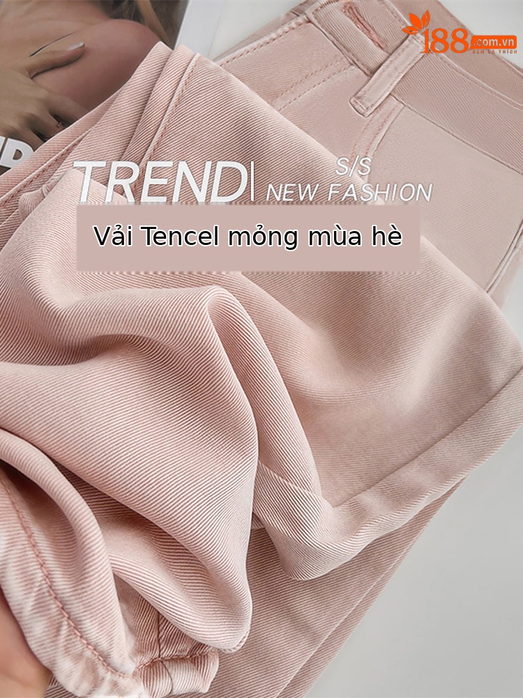 Quần jeans nữ ống rộng cạp cao chất liệu tơ tằm mùa hè nhẹ nhàng — Hồng kéo dài chi tiết 1