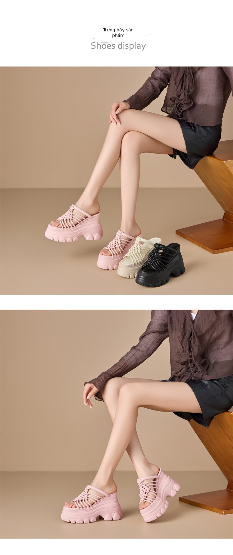 Dép sandal nữ xỏ ngón đế bệt, quai dệt đan, phong cách Hàn Quốc, đi biển dạo phố — [Trắng kem], [Đen], [Hồng] chi tiết 2