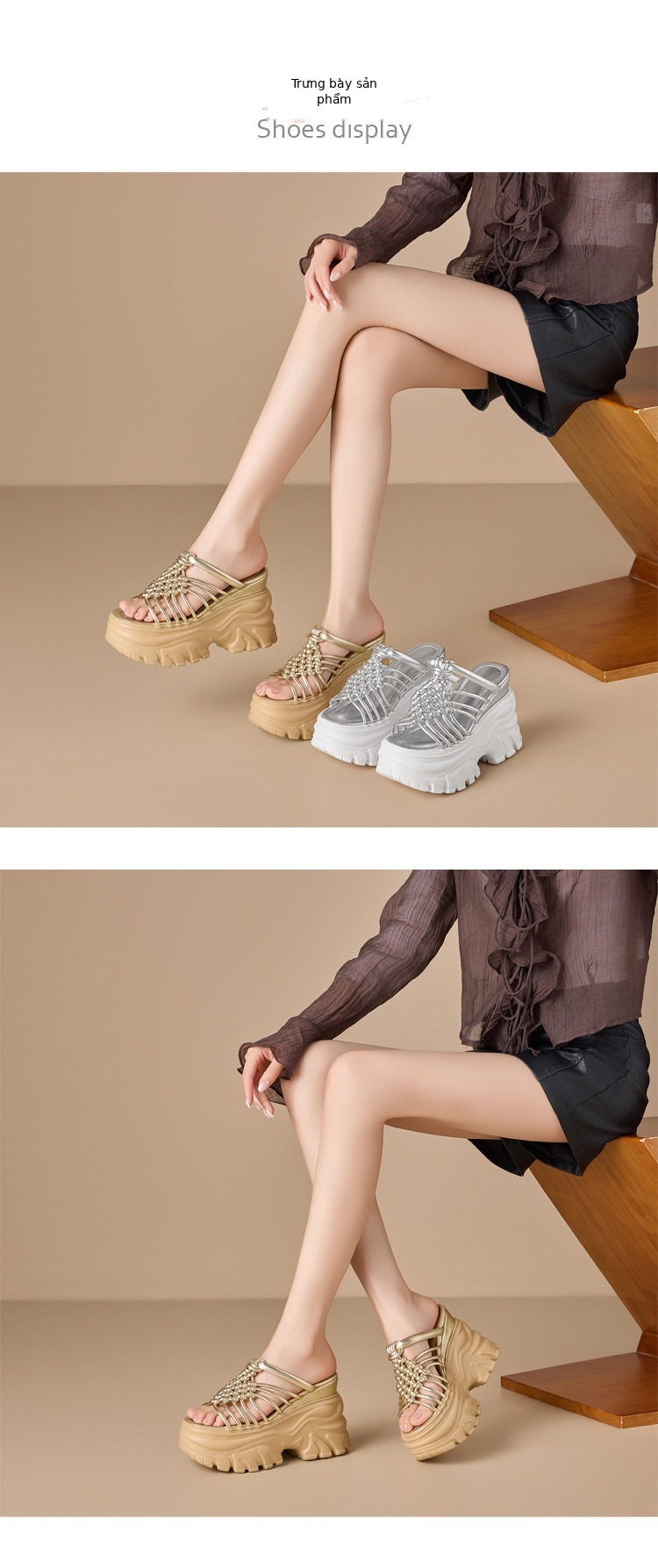 Dép sandal nữ quai chữ V đan dây mùa hè — [Vàng nhạt], [Bạc] chi tiết 2
