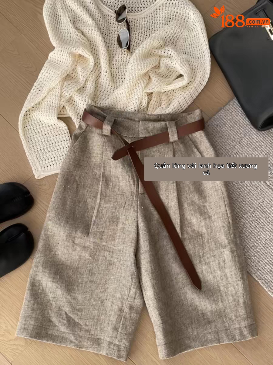Quần culottes nữ ống rộng cạp cao vải linen phong cách Old Money mùa hè — Quần thời trang cũ