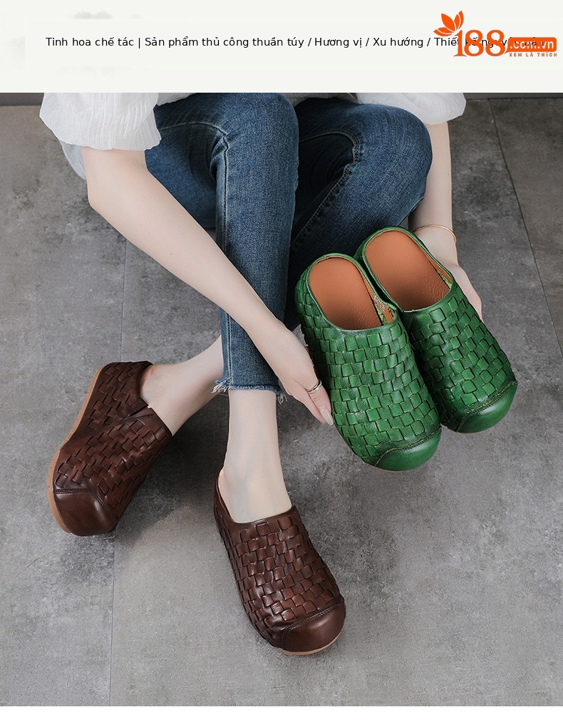 Sandal cao gót nữ da thật mũi nhọn đan thủ công, gót 9 cm — màu nâu chi tiết 1