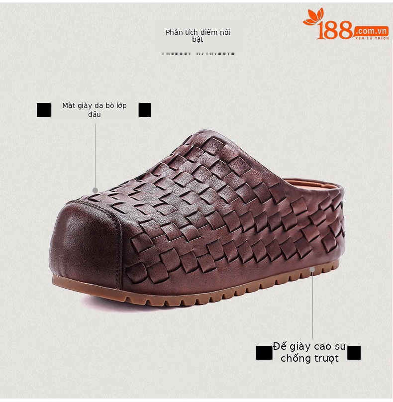Sandal cao gót nữ da thật mũi nhọn đan thủ công, gót 9 cm — màu nâu chi tiết 3
