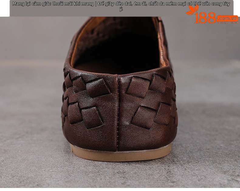 Sandal cao gót nữ da thật mũi nhọn đan thủ công, gót 9 cm — màu nâu chi tiết 8