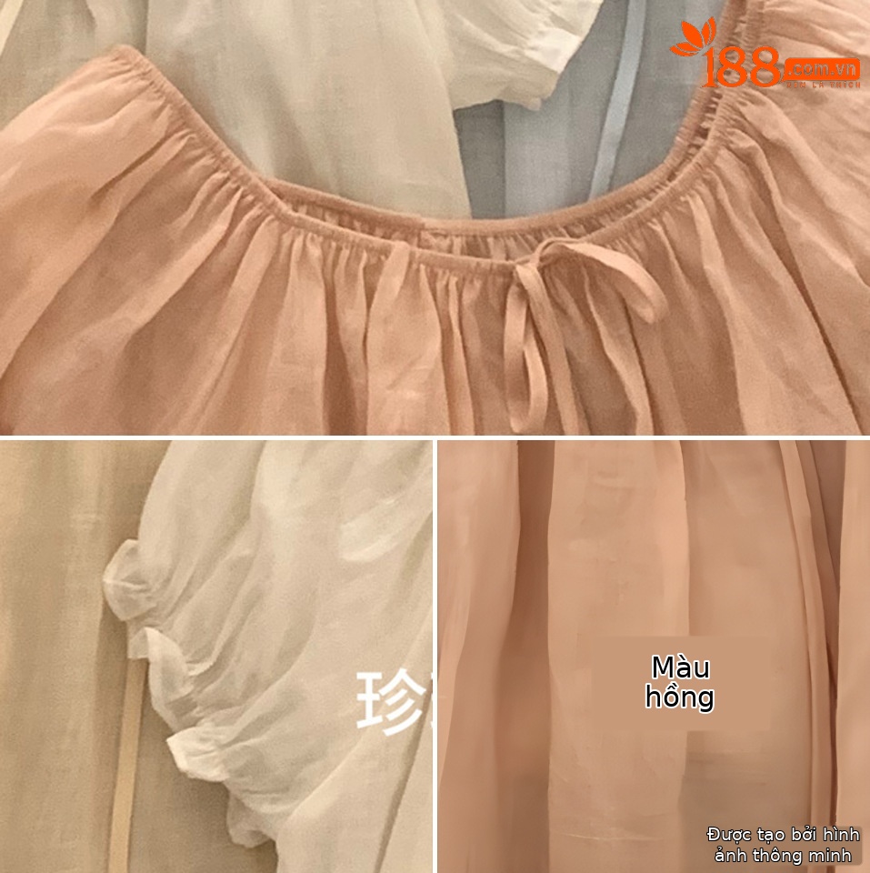 Áo sơ mi nữ tay bồng dây rút chất liệu ramie phong cách Pháp — xanh đậm, màu hồng, Xanh nước, ngọc trai trắng chi tiết 9