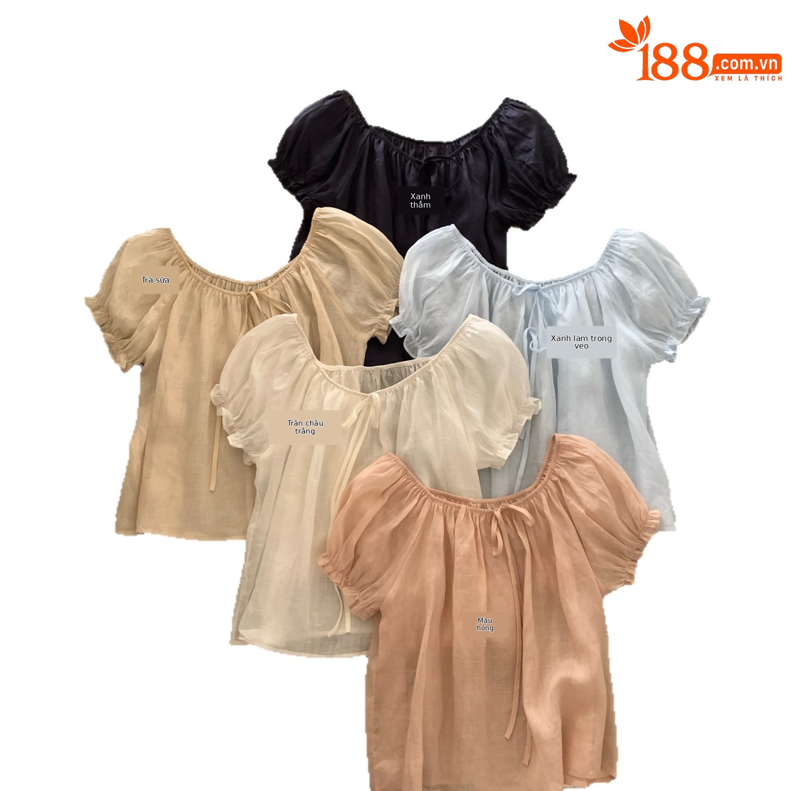 Áo sơ mi nữ tay bồng dây rút chất liệu ramie phong cách Pháp — xanh đậm, màu hồng, Xanh nước, ngọc trai trắng