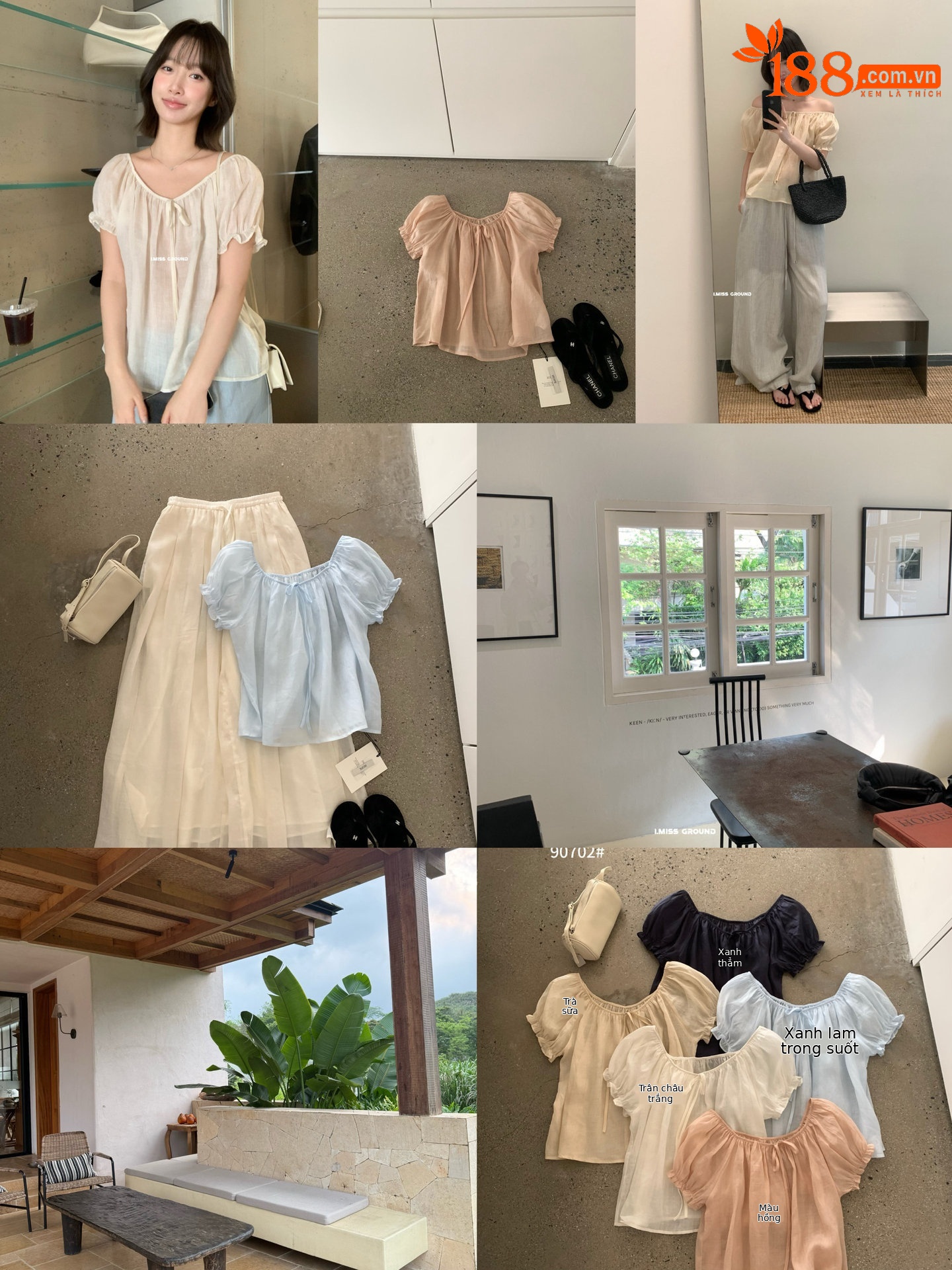 Áo sơ mi nữ tay bồng dây rút chất liệu ramie phong cách Pháp — xanh đậm, màu hồng, Xanh nước, ngọc trai trắng chi tiết 10