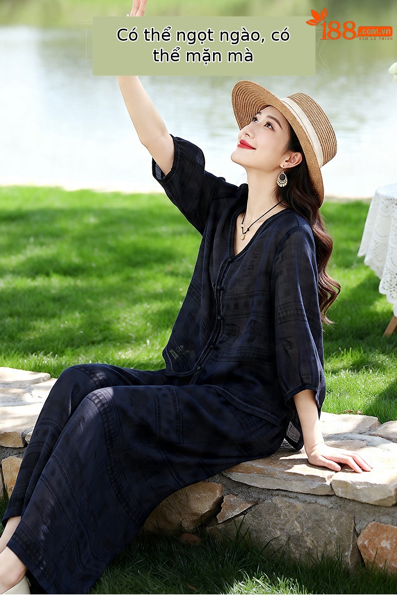 Bộ vest nữ hai mảnh V-neck sơ mi quần ống rộng mùa hè 2026 — Xanh lông mòng đen, màu đỏ chi tiết 4