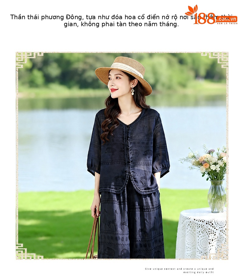 Bộ vest nữ hai mảnh V-neck sơ mi quần ống rộng mùa hè 2026 — Xanh lông mòng đen, màu đỏ chi tiết 5