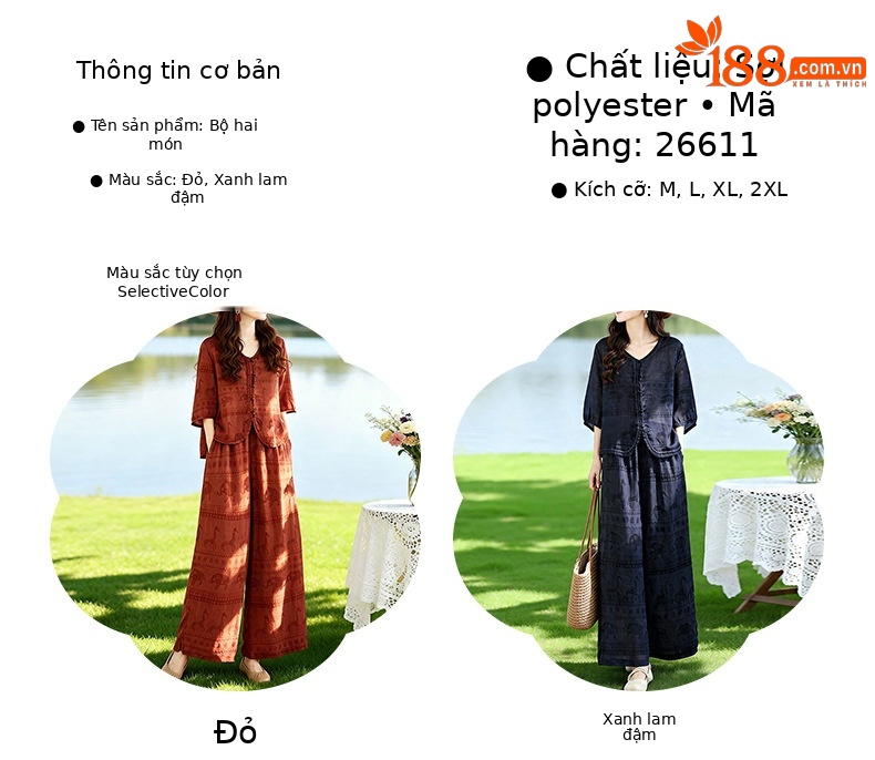 Bộ vest nữ hai mảnh V-neck sơ mi quần ống rộng mùa hè 2026 — Xanh lông mòng đen, màu đỏ chi tiết 6