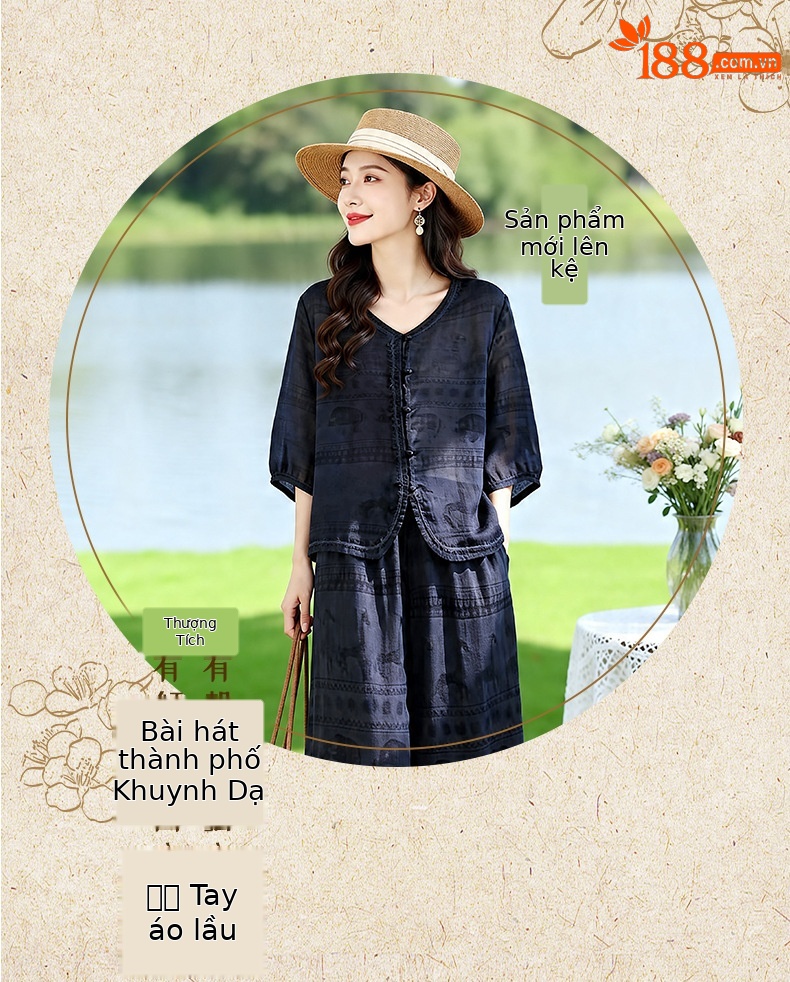 Bộ vest nữ hai mảnh V-neck sơ mi quần ống rộng mùa hè 2026 — Xanh lông mòng đen, màu đỏ chi tiết 10