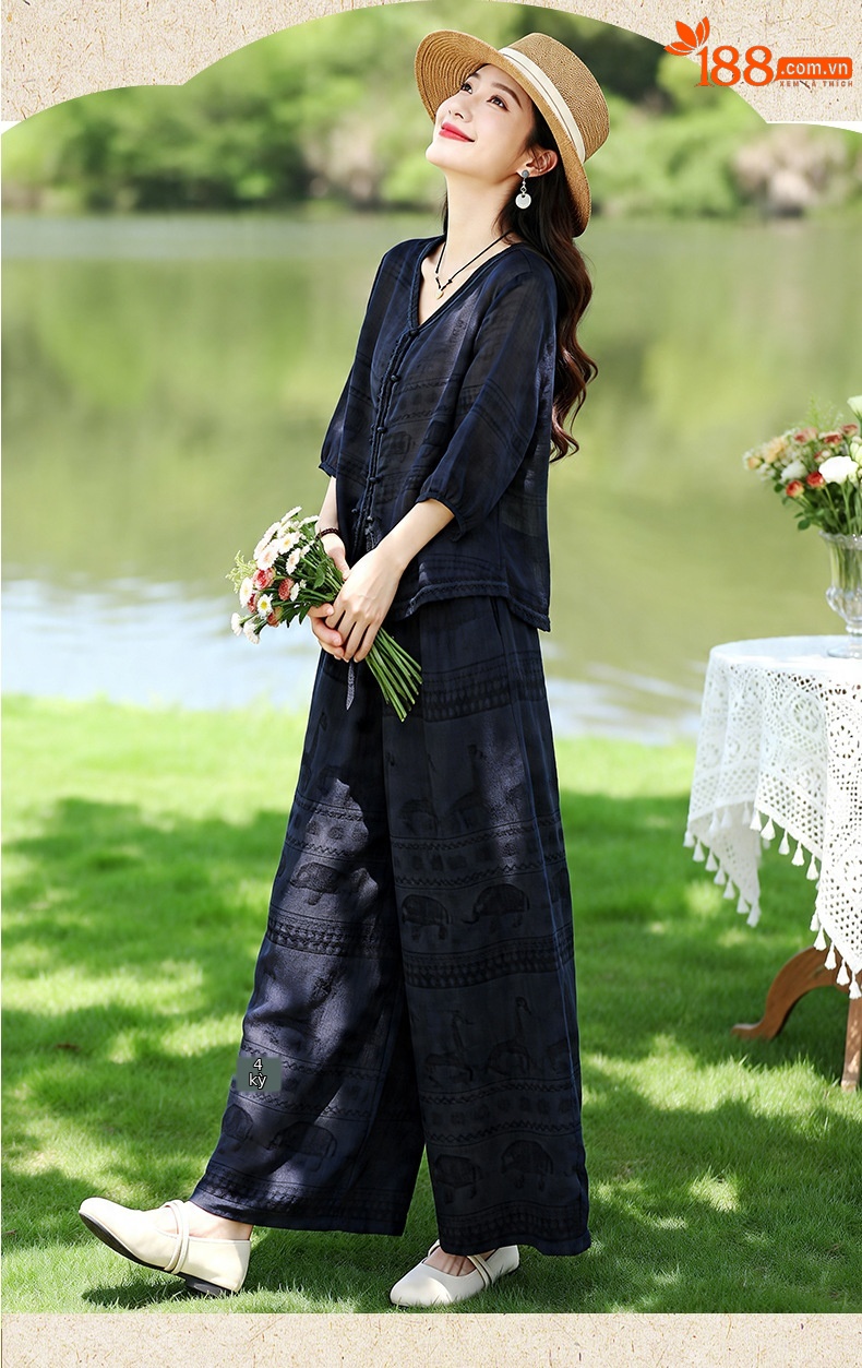 Bộ vest nữ hai mảnh V-neck sơ mi quần ống rộng mùa hè 2026 — Xanh lông mòng đen, màu đỏ chi tiết 11