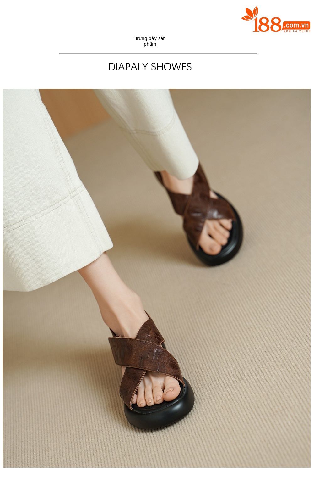 Sandal nữ hở mũi đế dày 4 cm da cừu quai chéo bọc gót — màu nâu chi tiết 8