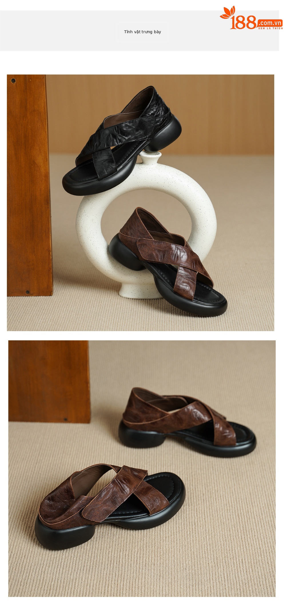 Sandal nữ hở mũi đế dày 4 cm da cừu quai chéo bọc gót — màu nâu chi tiết 14