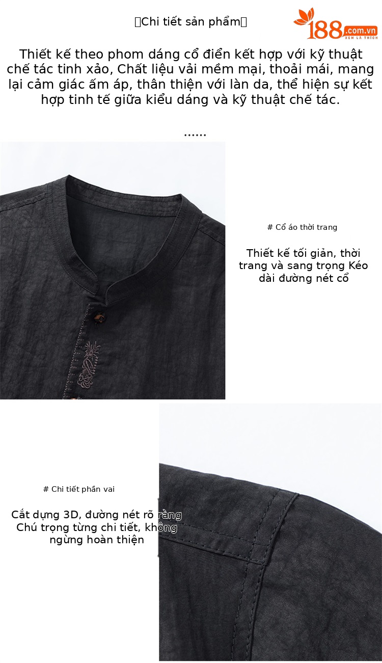 Áo sơ mi nam tay ngắn cổ đứng lụa tơ tằm phong cách Trung Hoa retro — Da đen 8856 chi tiết 6