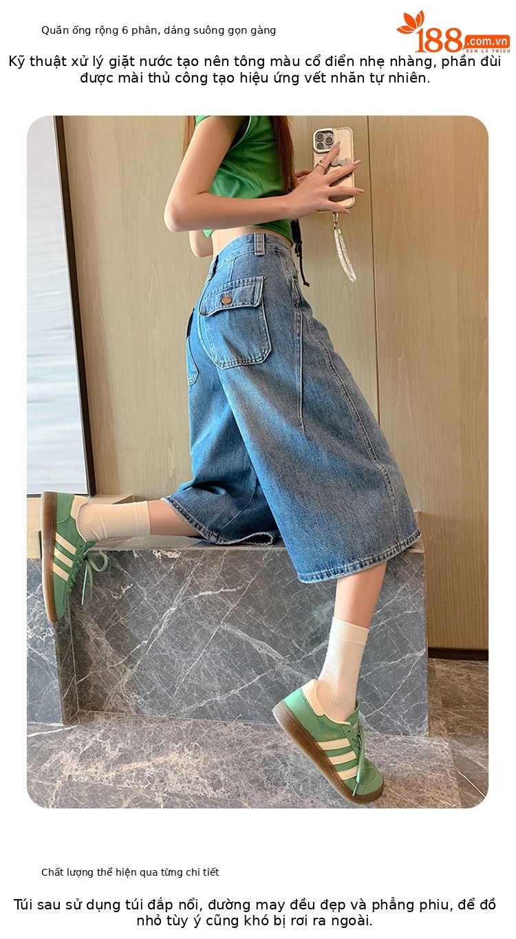 Quần jean nữ ống rộng cạp cao phong cách cổ điển — màu trắng ngà chi tiết 10