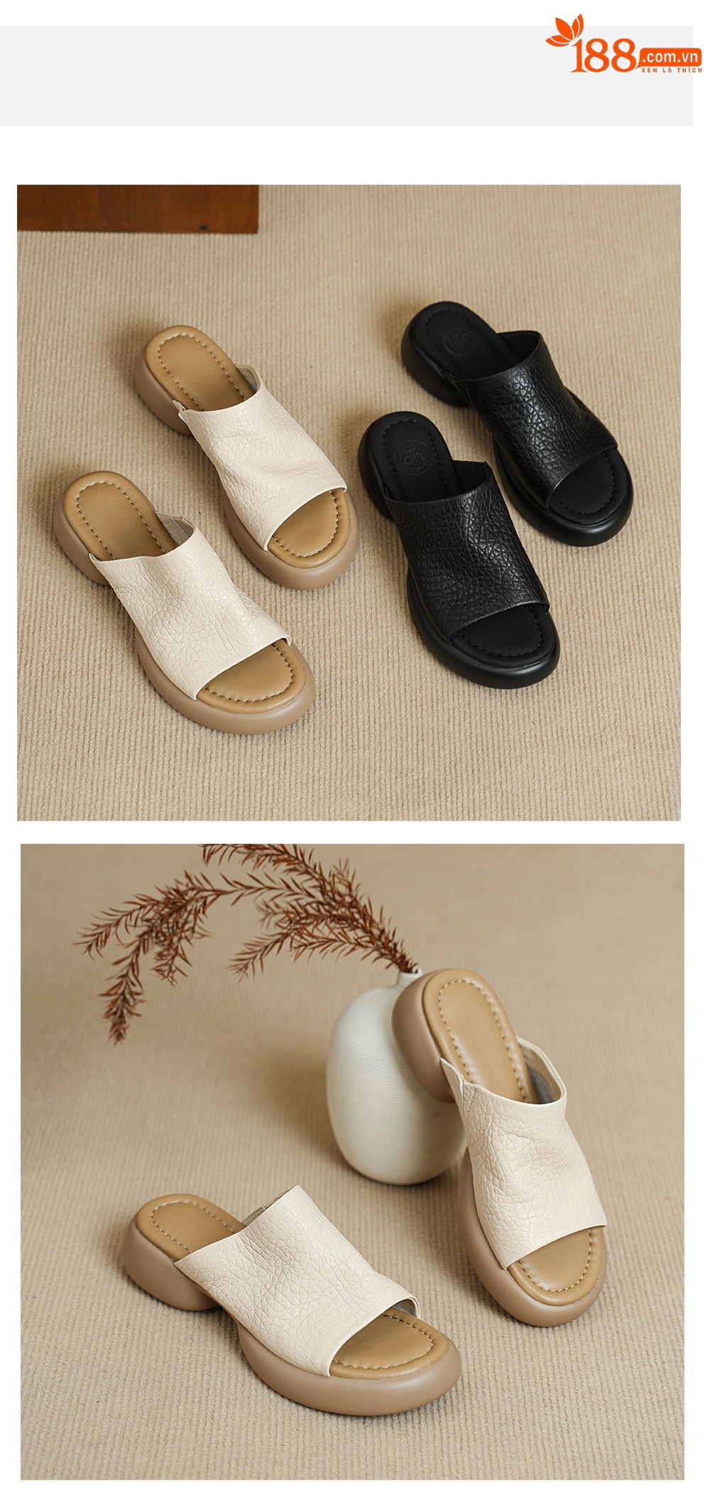Dép sandal nữ quai chữ V đế dày da cừu khóa thắt lưng — đen chi tiết 14