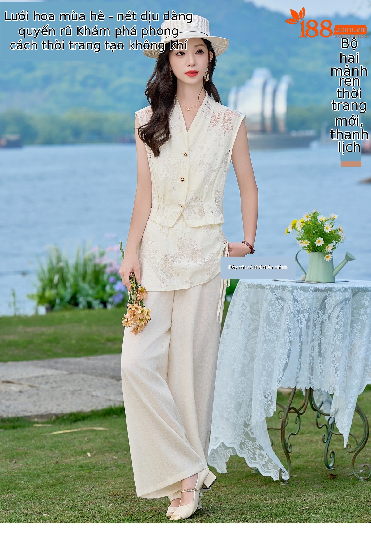 Bộ vest nữ không tay kết hợp quần ống rộng phối ren YQ9913 — màu đen, màu trắng ngà chi tiết 1