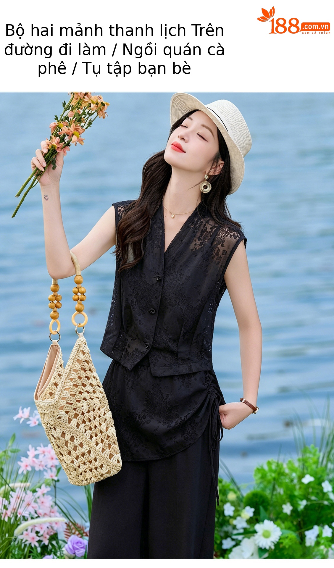 Bộ vest nữ không tay kết hợp quần ống rộng phối ren YQ9913 — màu đen, màu trắng ngà chi tiết 3