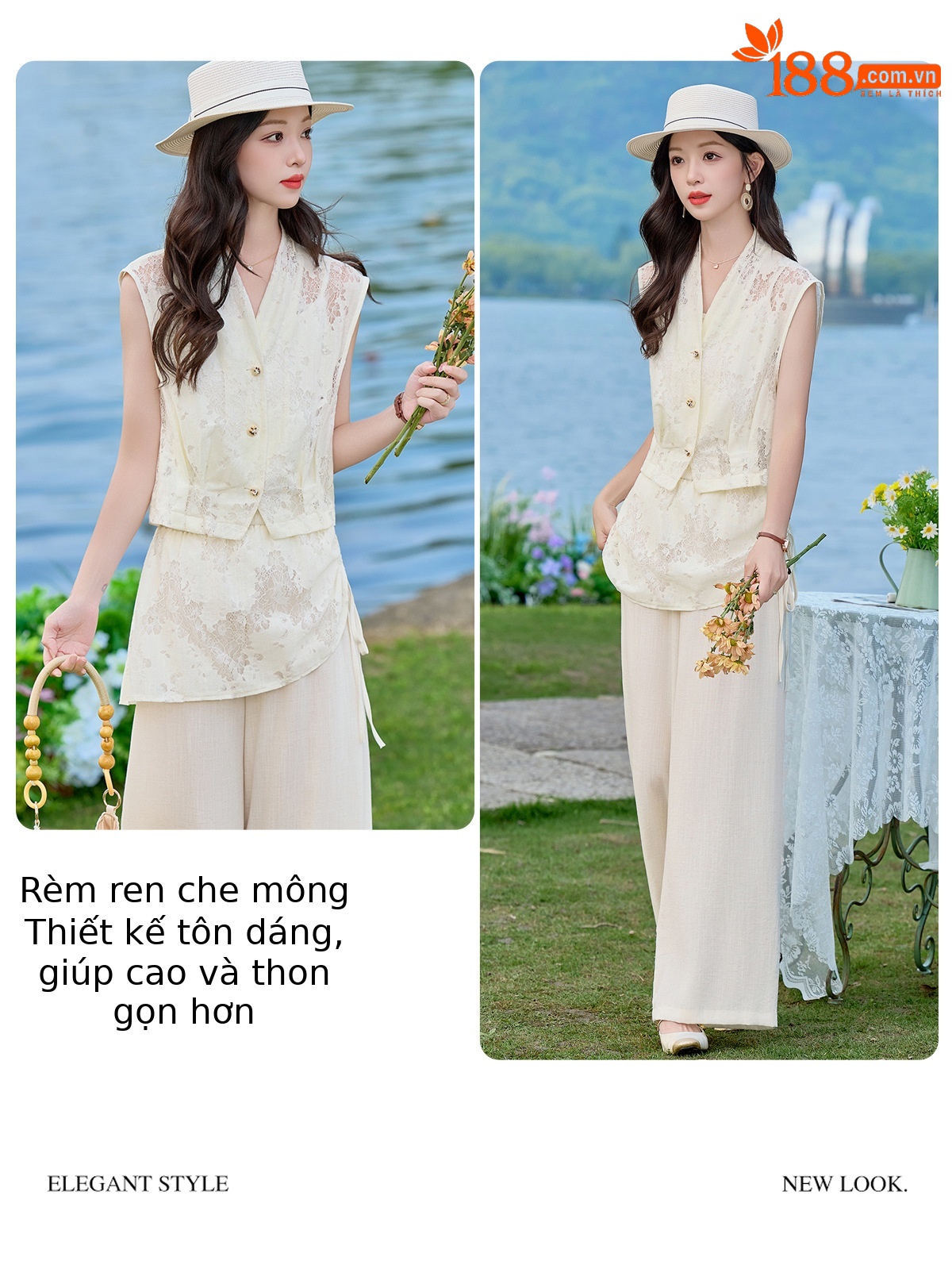 Bộ vest nữ không tay kết hợp quần ống rộng phối ren YQ9913 — màu đen, màu trắng ngà chi tiết 5