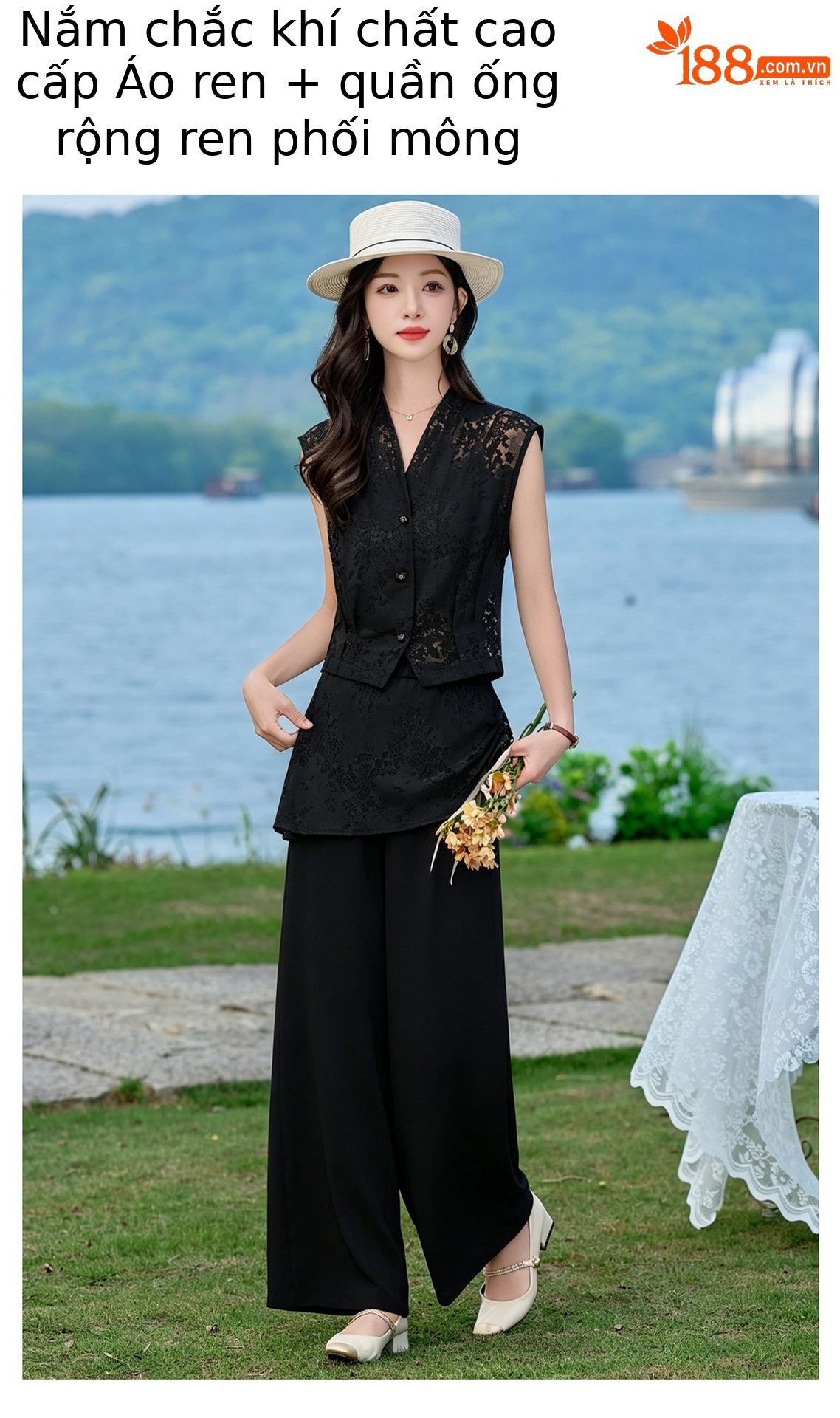 Bộ vest nữ không tay kết hợp quần ống rộng phối ren YQ9913 — màu đen, màu trắng ngà chi tiết 6