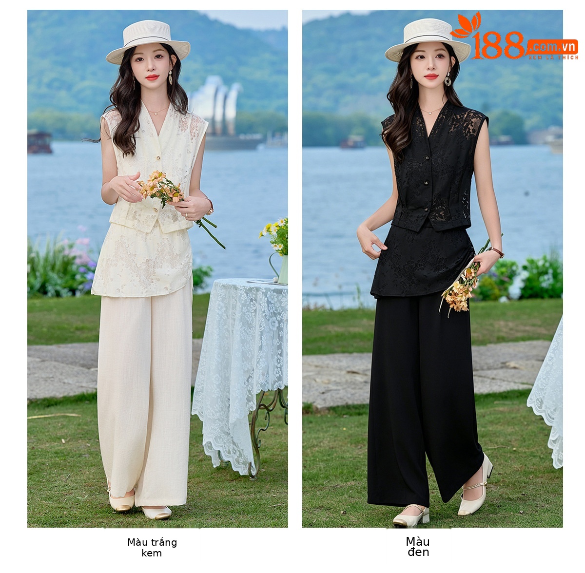 Bộ vest nữ không tay kết hợp quần ống rộng phối ren YQ9913 — màu đen, màu trắng ngà chi tiết 12
