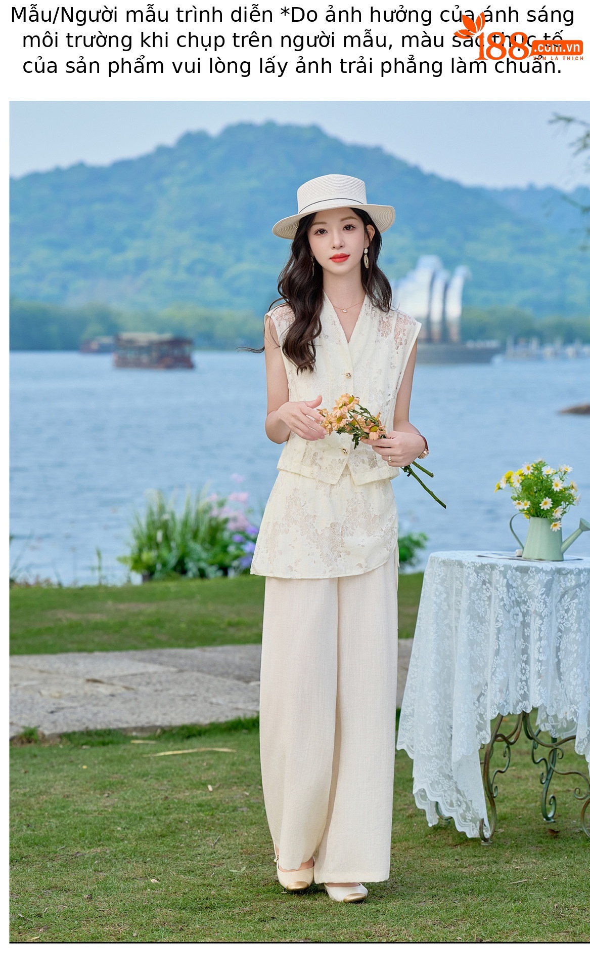 Bộ vest nữ không tay kết hợp quần ống rộng phối ren YQ9913 — màu đen, màu trắng ngà chi tiết 13