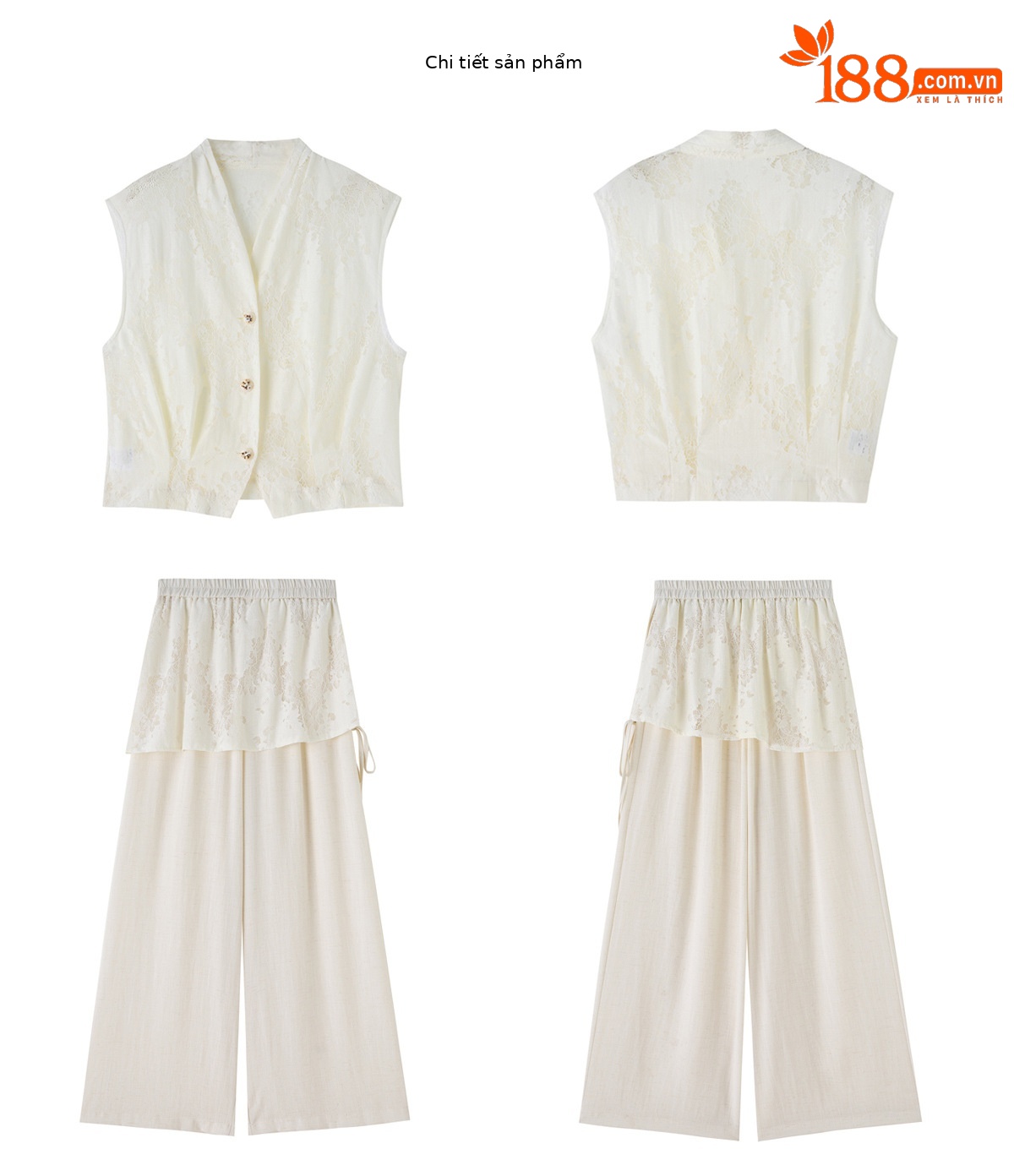 Bộ vest nữ không tay kết hợp quần ống rộng phối ren YQ9913 — màu đen, màu trắng ngà chi tiết 25