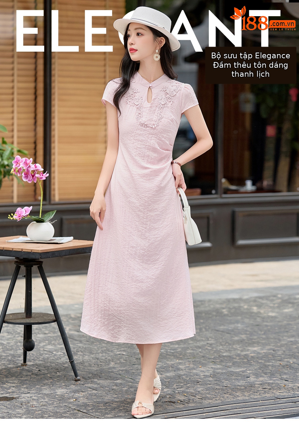Đầm maxi nữ thắt eo phong cách tân cổ điển họa tiết quốc phong — Màu hồng, màu trắng ngà chi tiết 1