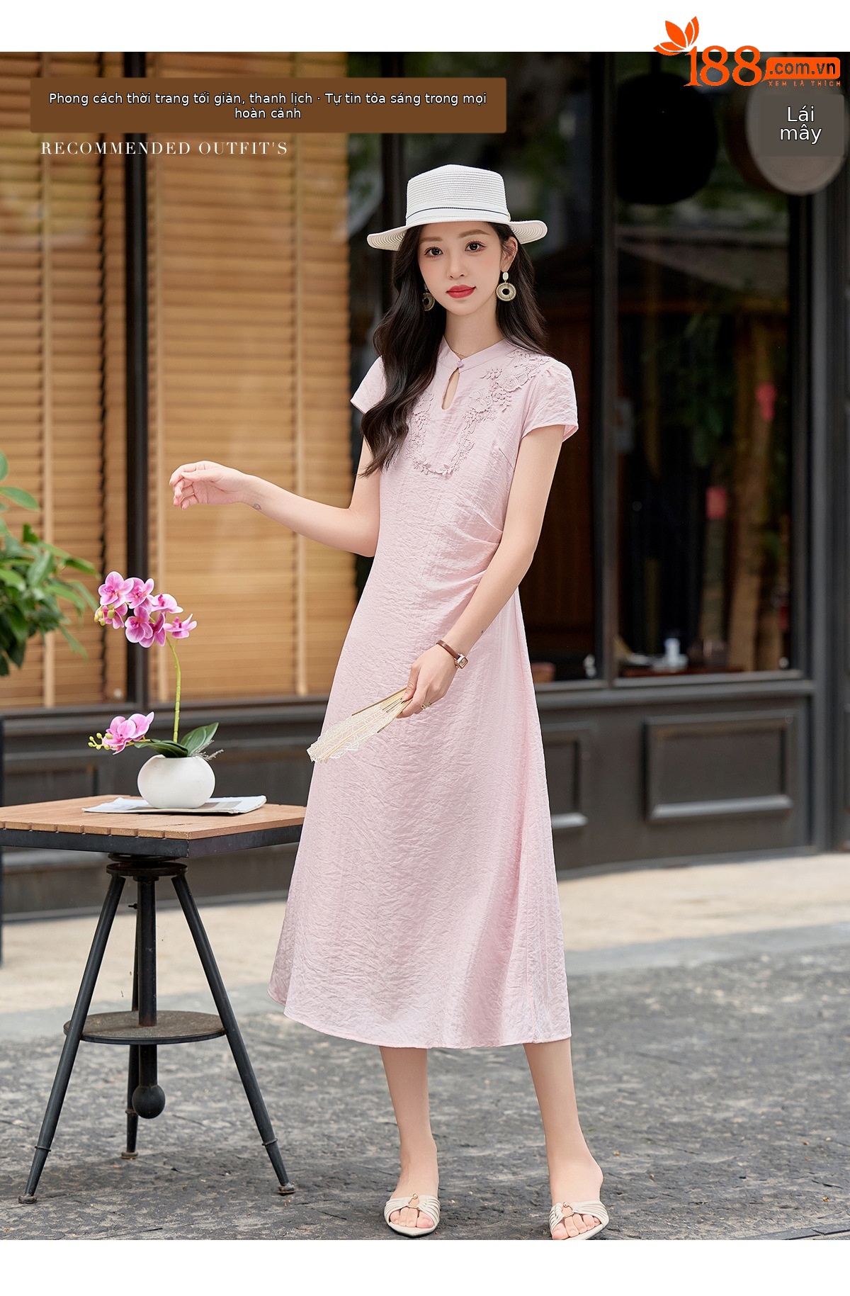 Đầm maxi nữ thắt eo phong cách tân cổ điển họa tiết quốc phong — Màu hồng, màu trắng ngà chi tiết 3