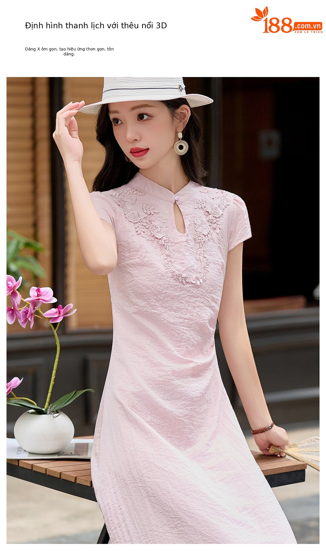 Đầm maxi nữ thắt eo phong cách tân cổ điển họa tiết quốc phong — Màu hồng, màu trắng ngà chi tiết 4
