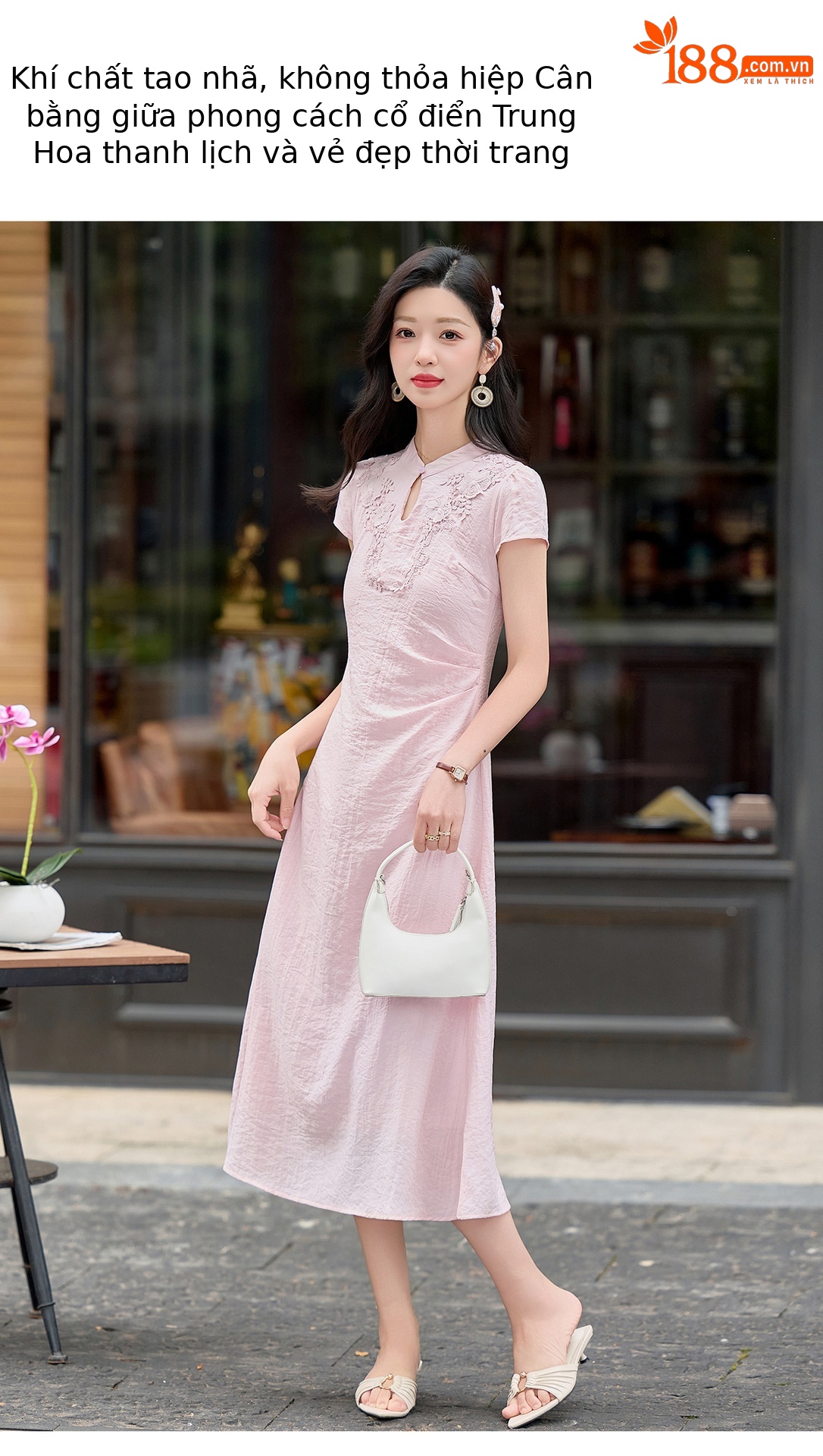 Đầm maxi nữ thắt eo phong cách tân cổ điển họa tiết quốc phong — Màu hồng, màu trắng ngà chi tiết 10