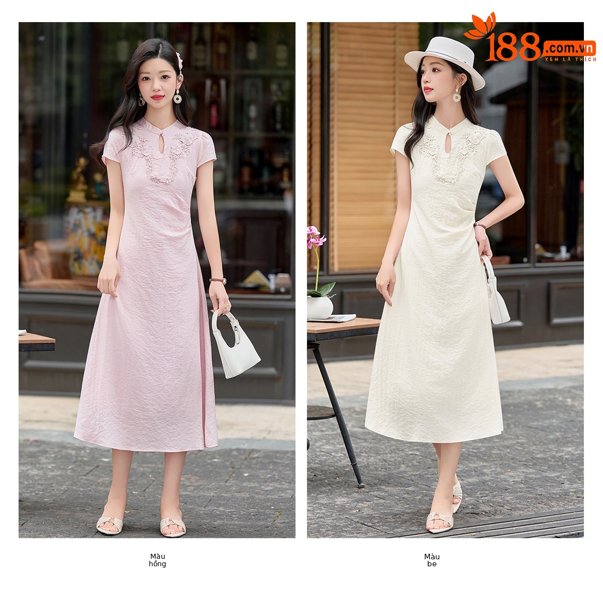Đầm maxi nữ thắt eo phong cách tân cổ điển họa tiết quốc phong — Màu hồng, màu trắng ngà chi tiết 13