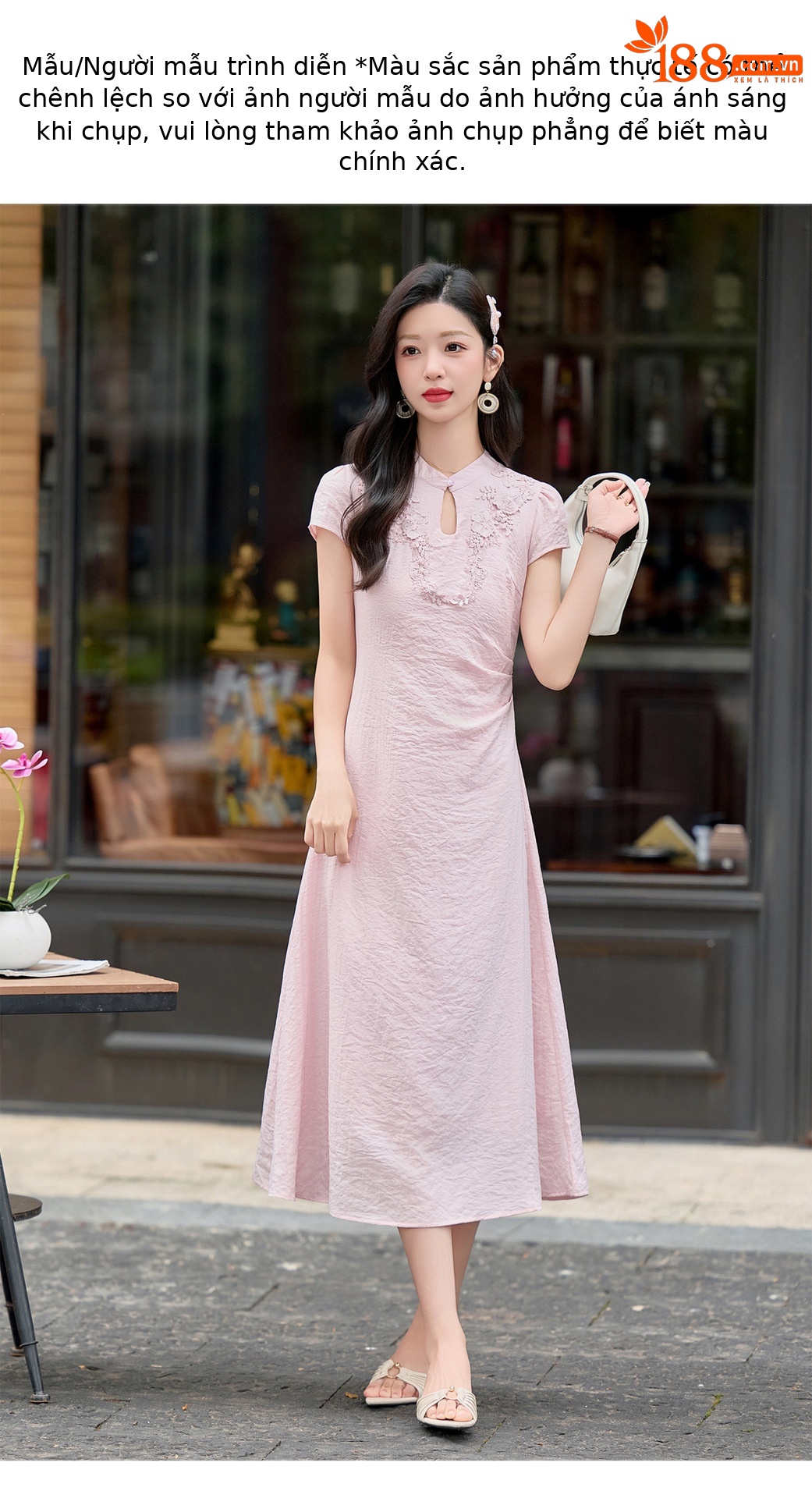 Đầm maxi nữ thắt eo phong cách tân cổ điển họa tiết quốc phong — Màu hồng, màu trắng ngà chi tiết 14