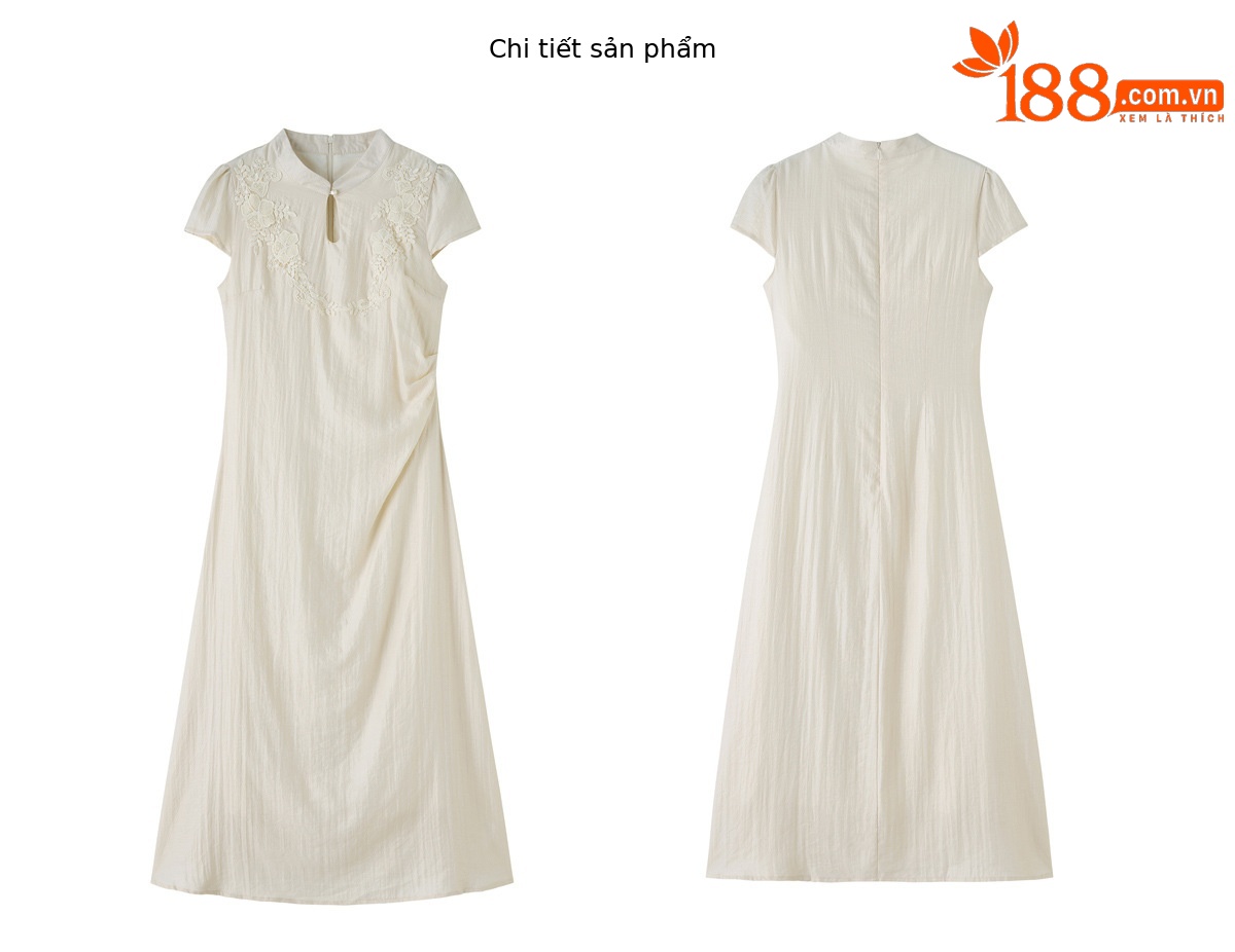 Đầm maxi nữ thắt eo phong cách tân cổ điển họa tiết quốc phong — Màu hồng, màu trắng ngà chi tiết 25