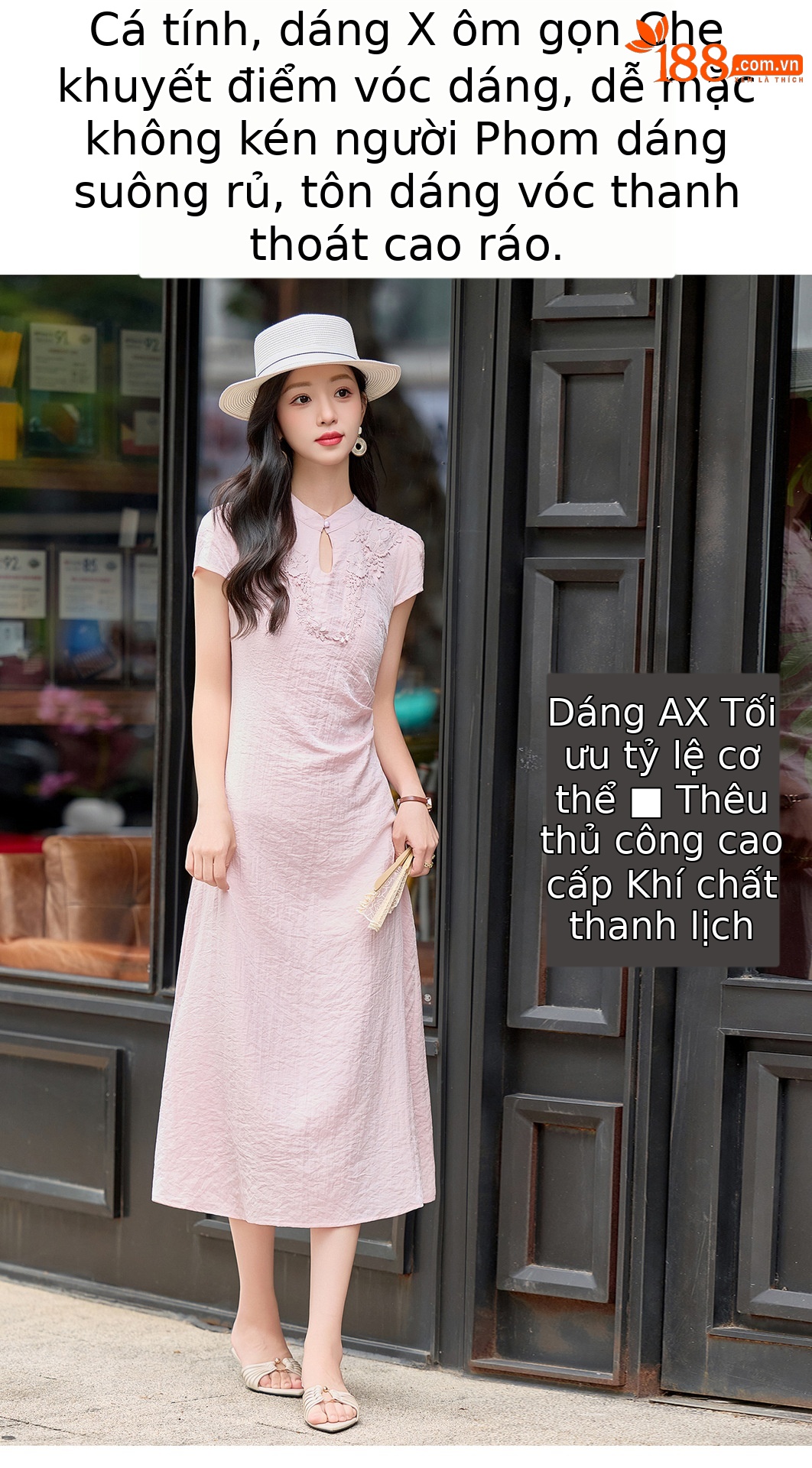 Đầm maxi nữ thắt eo phong cách tân cổ điển họa tiết quốc phong — Màu hồng, màu trắng ngà chi tiết 8