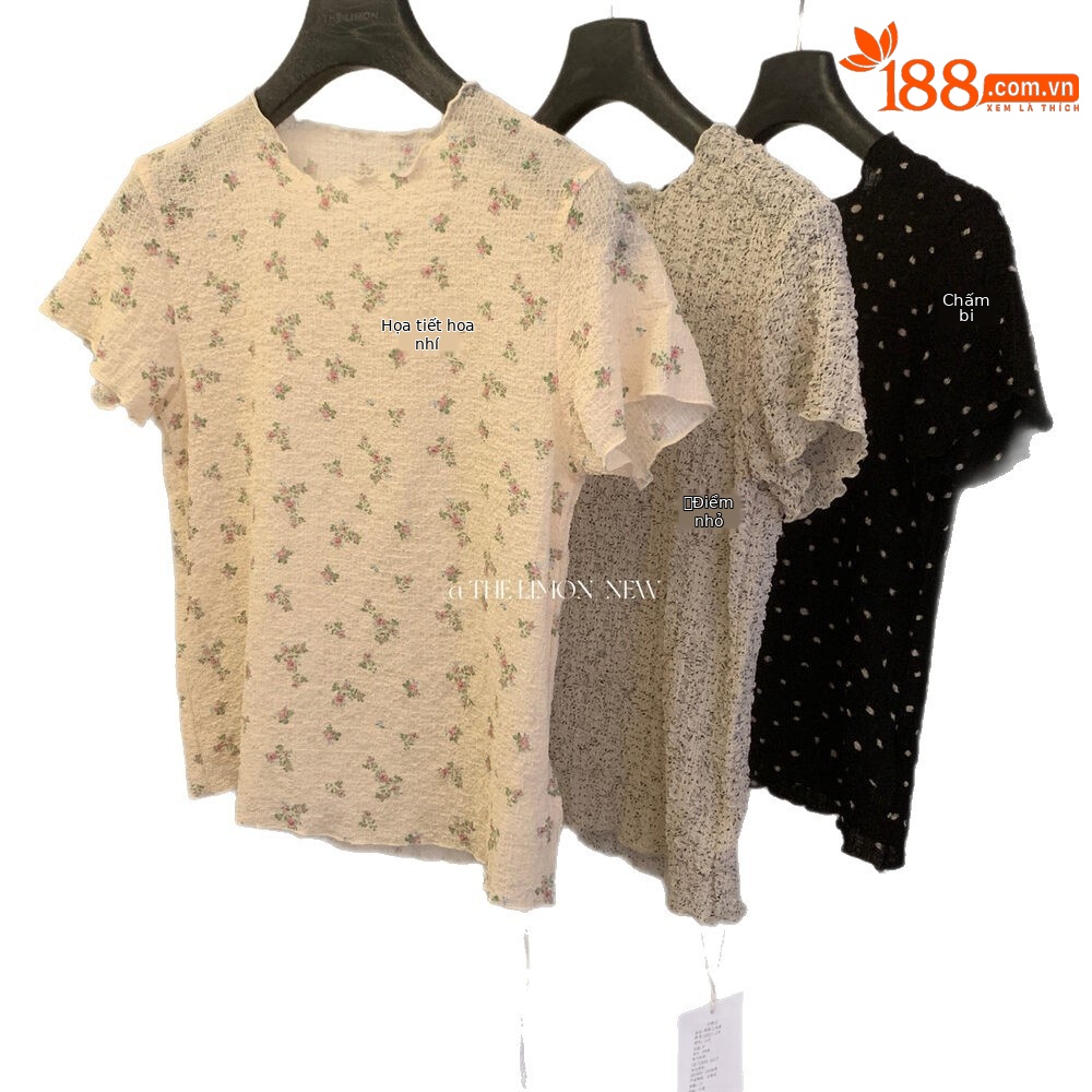 Áo thun nữ cổ tròn tay ngắn họa tiết hoa vụn nhí phối bèo nhún — Chấm nhỏ, Điểm sóng, Hoa vỡ