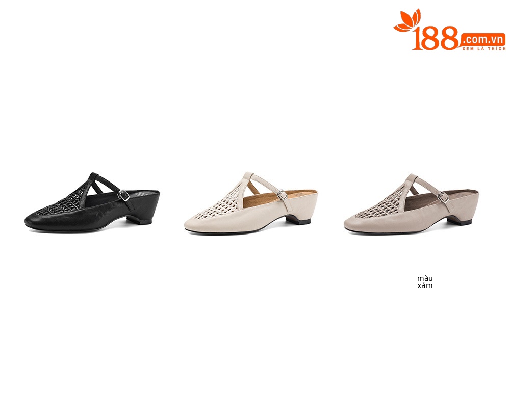 Dép mule nữ gót cao 6 cm, mũi kín, đế xuồng đan, phong cách mùa hè — đen chi tiết 4