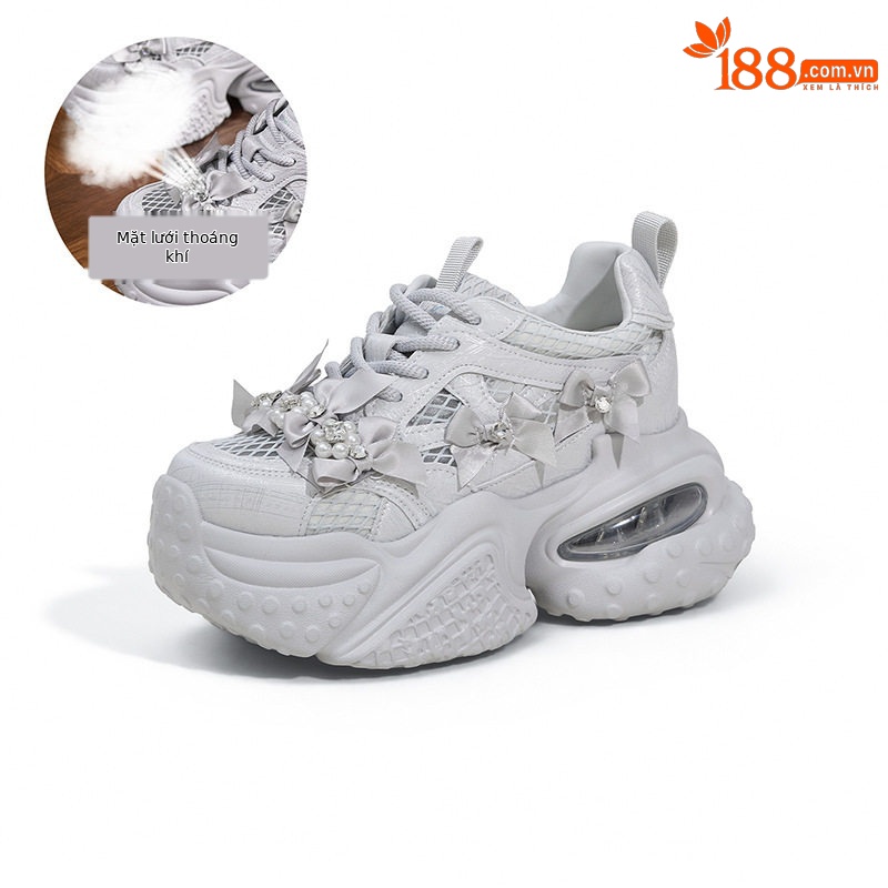 Giày cao gót nữ đế xuồng platform lưới thoáng khí, gót siêu cao 8cm, mũi tròn, dây buộc — Bạc, Trắng