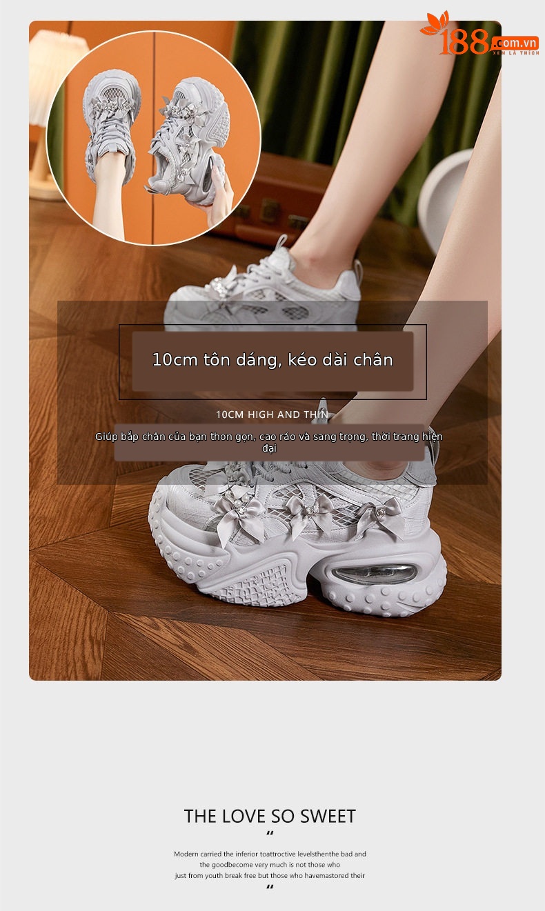 Giày cao gót nữ đế xuồng platform lưới thoáng khí, gót siêu cao 8cm, mũi tròn, dây buộc — Bạc, Trắng chi tiết 9