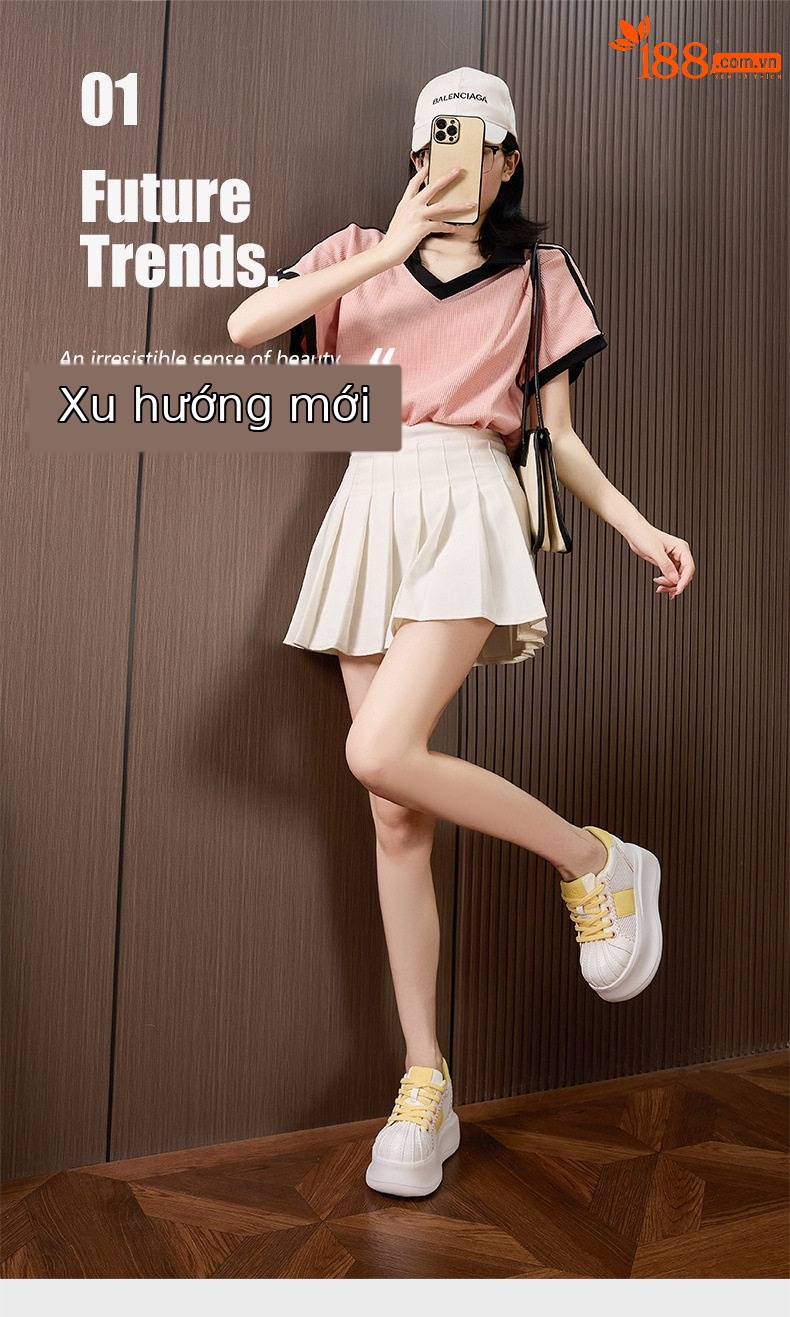 Giày sneaker nữ chạy bộ mesh thoáng đế dày trắng — Bột trắng, Hộp trắng vàng chi tiết 2