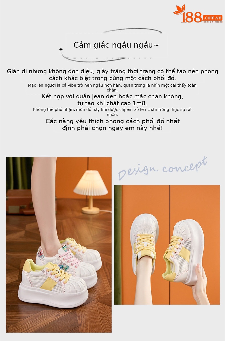 Giày sneaker nữ chạy bộ mesh thoáng đế dày trắng — Bột trắng, Hộp trắng vàng chi tiết 4