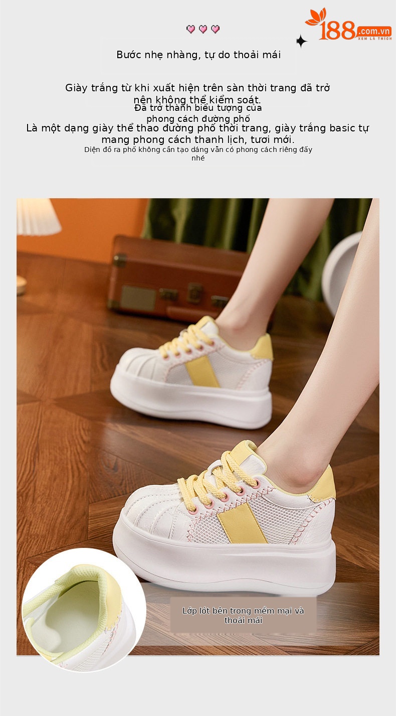 Giày sneaker nữ chạy bộ mesh thoáng đế dày trắng — Bột trắng, Hộp trắng vàng chi tiết 5